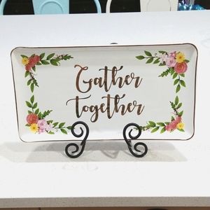 "GatherTogether" rectangular floral serving tray with gold lettering & gold rim.